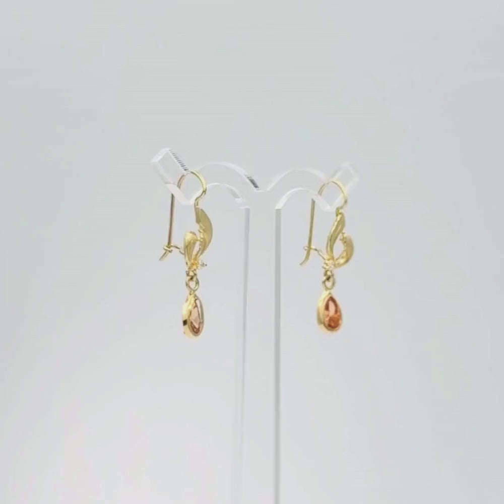 Arete con Broche Arillo de Oro 14k Estilo Largo Elegante con Zirconia Naranja Tangerine mod. 9768