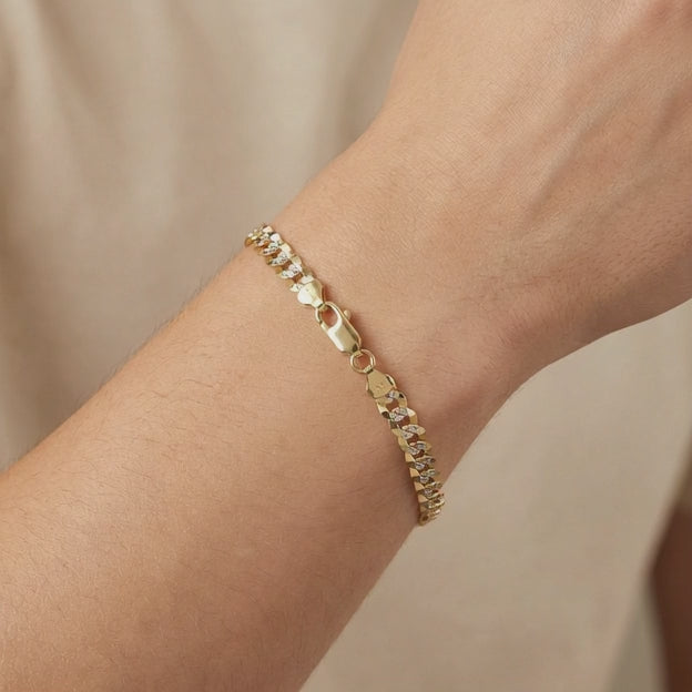 Pulsera de Oro 14k Tejido Barbado Sólido Estilo Brillante con Diamantado mod. 10527