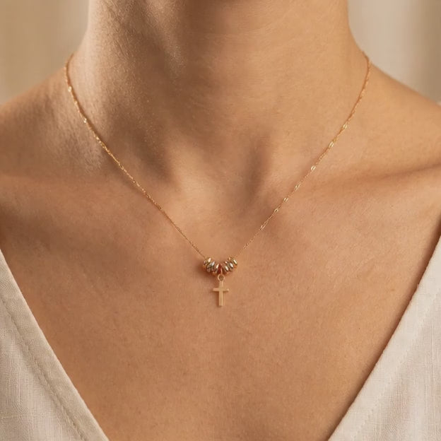 Gargantilla de Oro 14k con Aros Florentinos y Colgante de Cruz mod. 11020