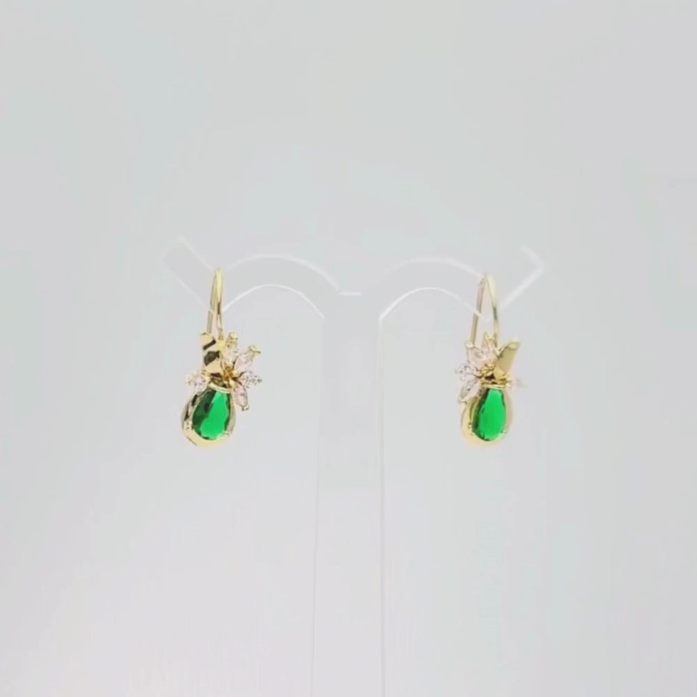 Arete con Broche Arillo de Oro 14k Flor Especial con Zirconias Principal Color Verde Esmeralda mod. 9768