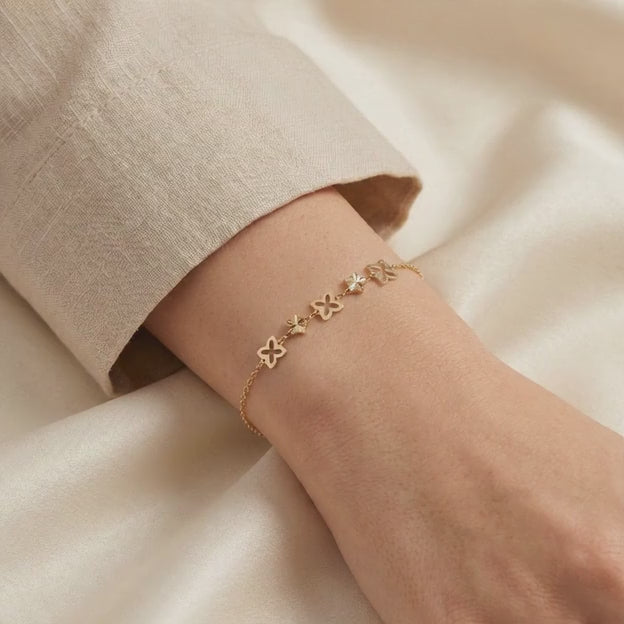 Pulsera de Oro 14k Flores y Estrellas Diamantadas mod. 10976