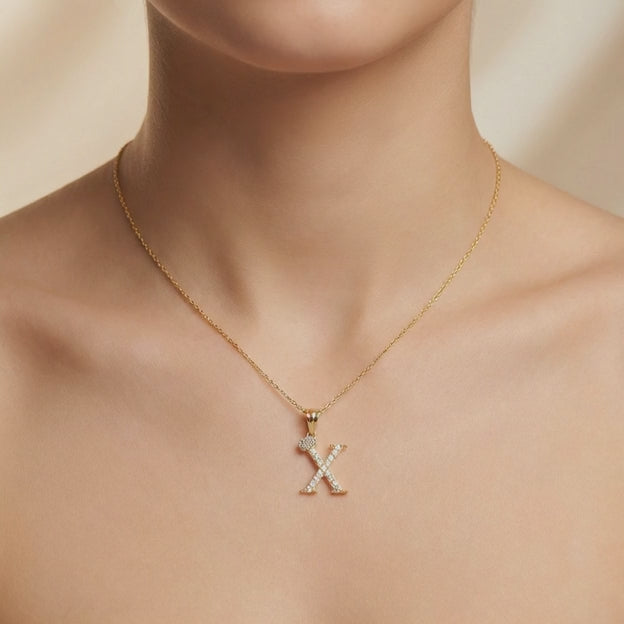 Dije de Oro 14k Modelo de Inicial X Diseñado con Corona e Incrustación de Zirconias mod. 10577