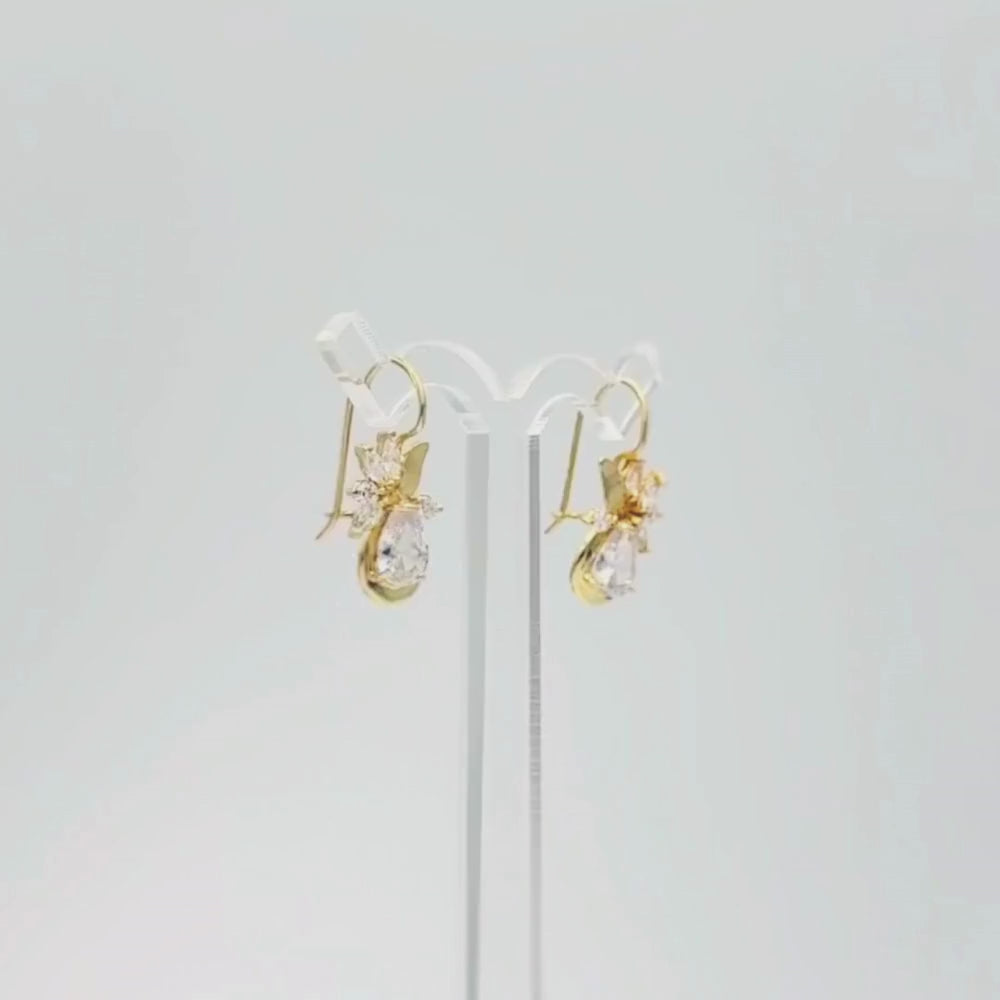 Arete con Broche Arillo de Oro 14k Flor Especial con Zirconias Brillantes  mod. 9767