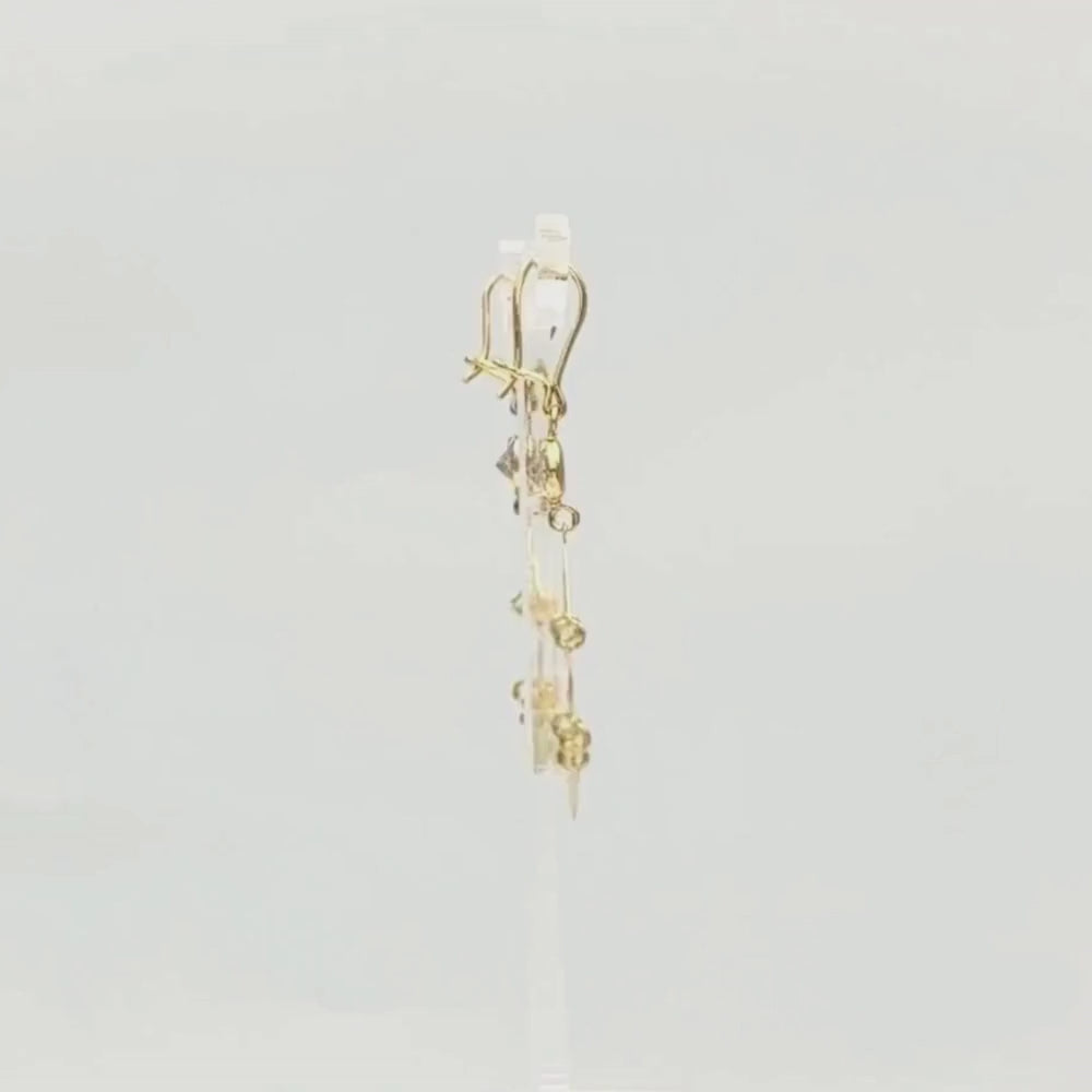 Arete Largo de Oro 14k de Diseño Colgante Fino con Zirconia Brillante y Corazones Lisos mod. 9771