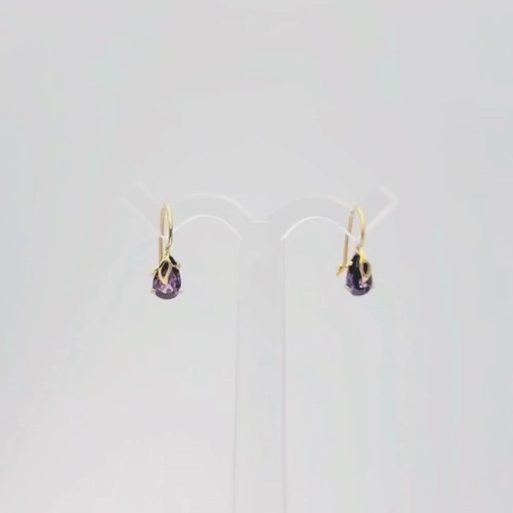 Arete con Broche Arillo de Oro 14k Gota de Zirconia Color Morado Violeta mod. 9766
