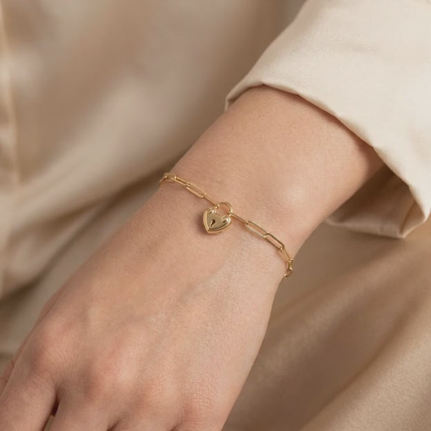 Pulsera de Oro 14k Paperclip con Corazón Candado mod. 11032