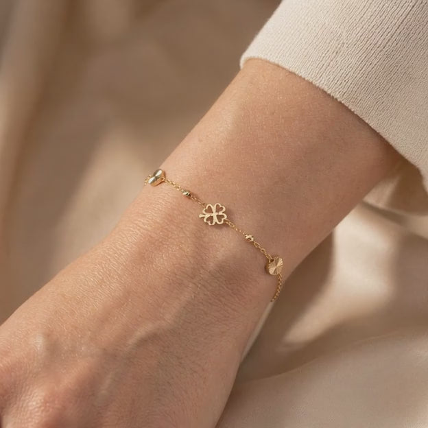 Pulsera de Oro 14k  Treboles de la Suerte y Corazones Diamantados mod. 11043