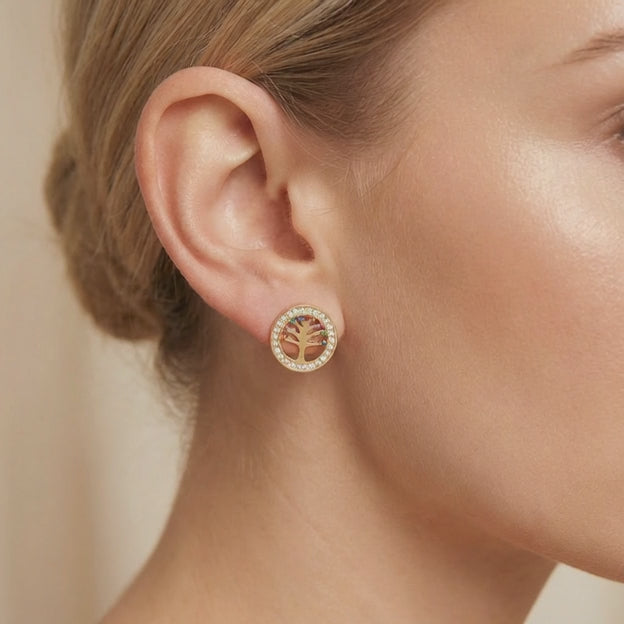 Arete de Oro 14k Árbol de la Vida con Bisel Redondo Incrustado con Zirconias mod. 10639