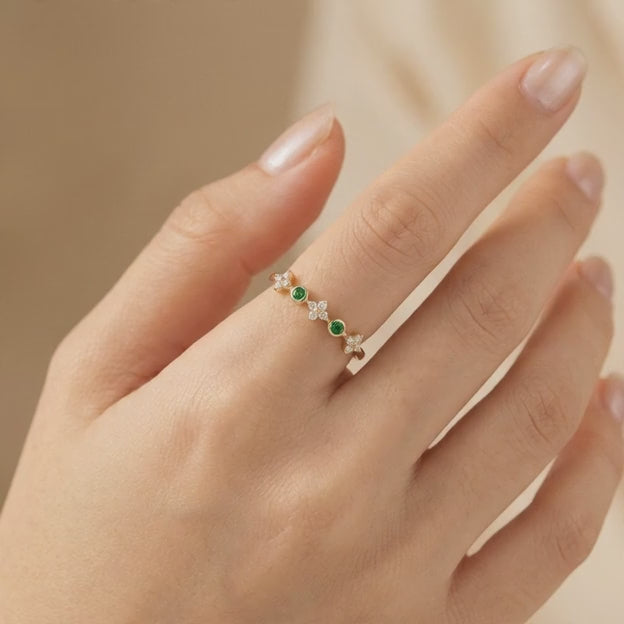 Anillo de Oro 14k Flores con Zirconias Verdes mod. 10874
