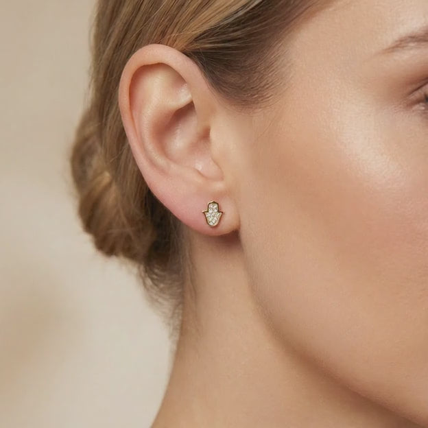 Arete de Oro 14k Mano de Fátima Brillante con Zirconias Finas mod. 10635