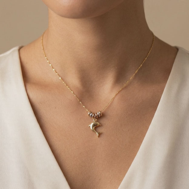 Gargantilla de Oro 14k con Aros Florentinos y Colgante de Delfín mod. 11017