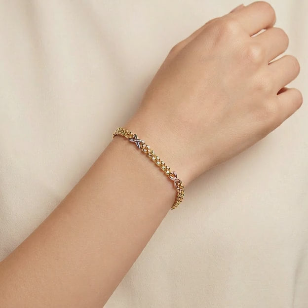 Pulsera de Oro 14k  mod. Diseño Fino y Hueco de Tejido con Eslabón X 10740