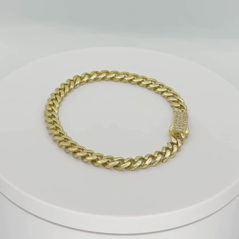 Pulsera de Oro 14k Tejido Barbado Semi Hueco con Broche Incrustado de Zirconias mod. 9882