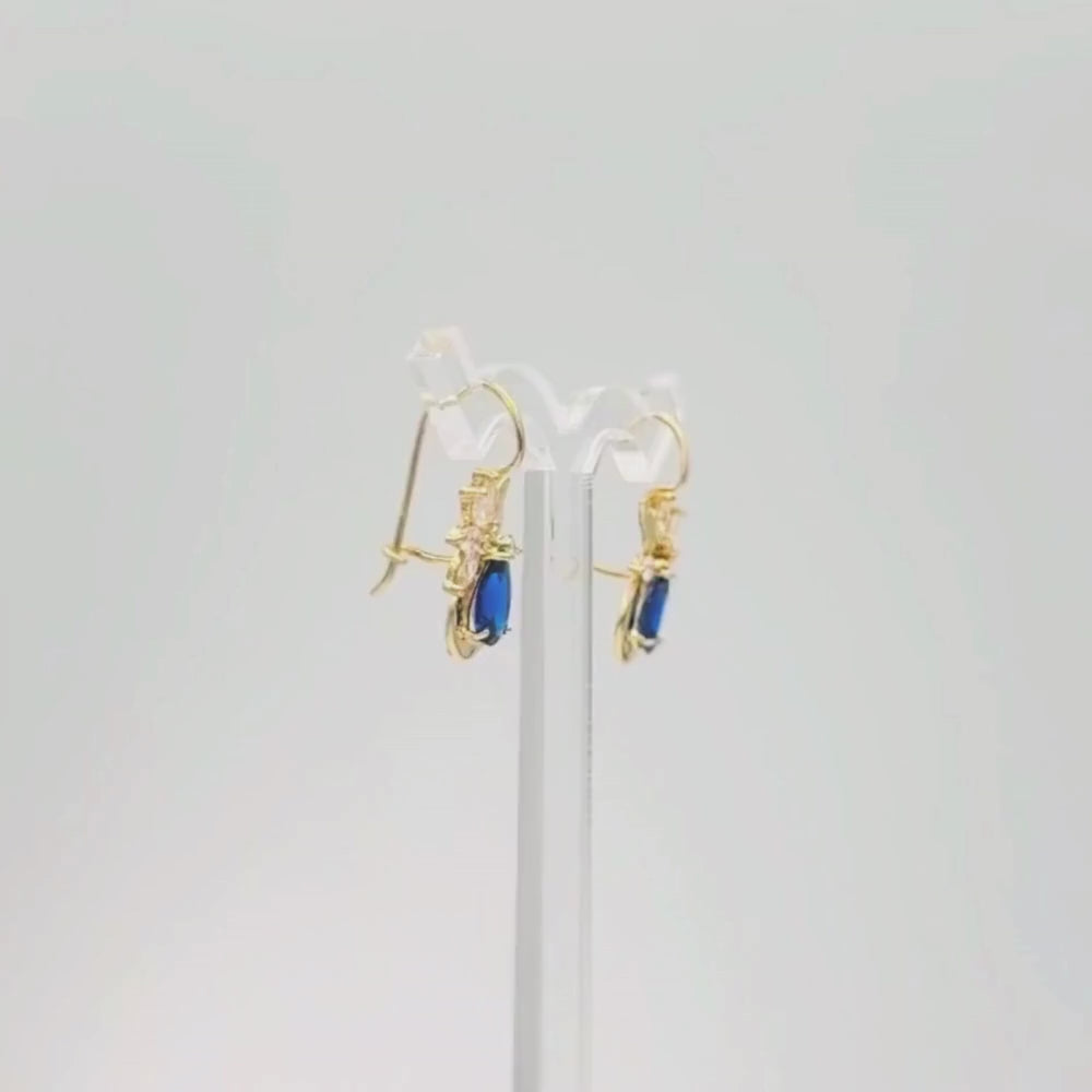 Arete con Broche Arillo de Oro 14k Flor Especial con Zirconias Principal Color Azul Rey mod. 9768