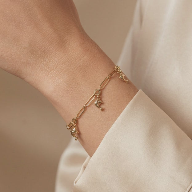 Pulsera de Oro 14k Tejido Paperclip con Delfines mod. 10963