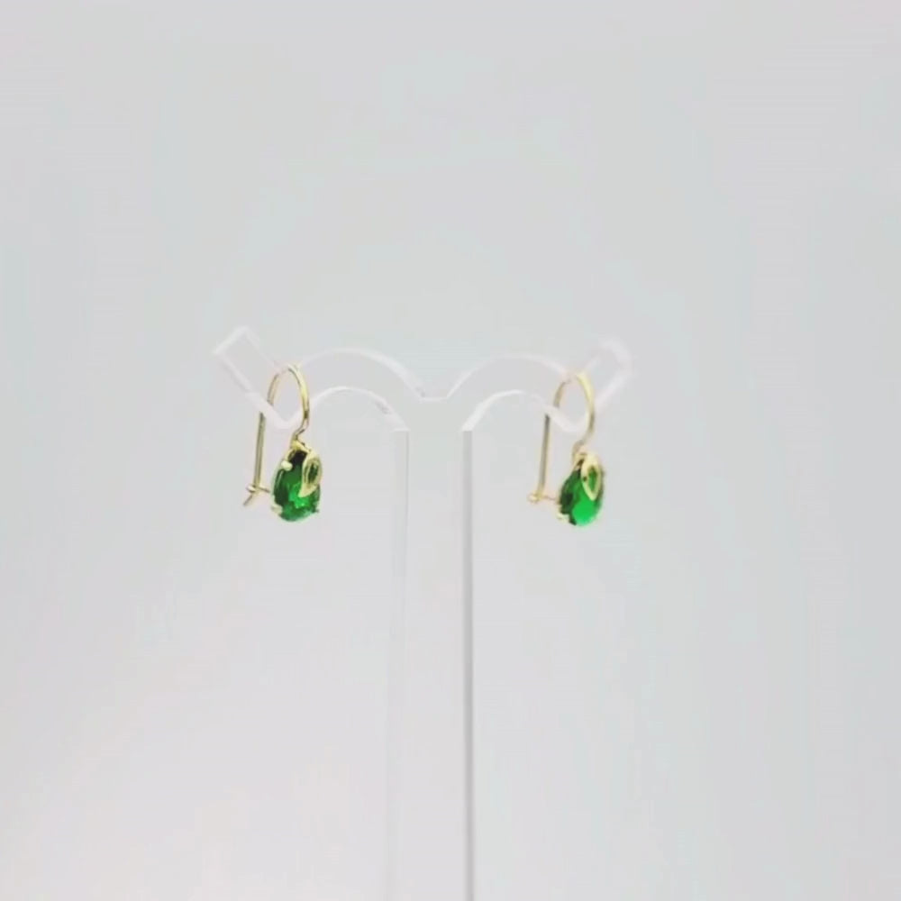 Arete con Broche Arillo de Oro 14k Gota de Zirconia Color Verde Esmeralda mod. 9766