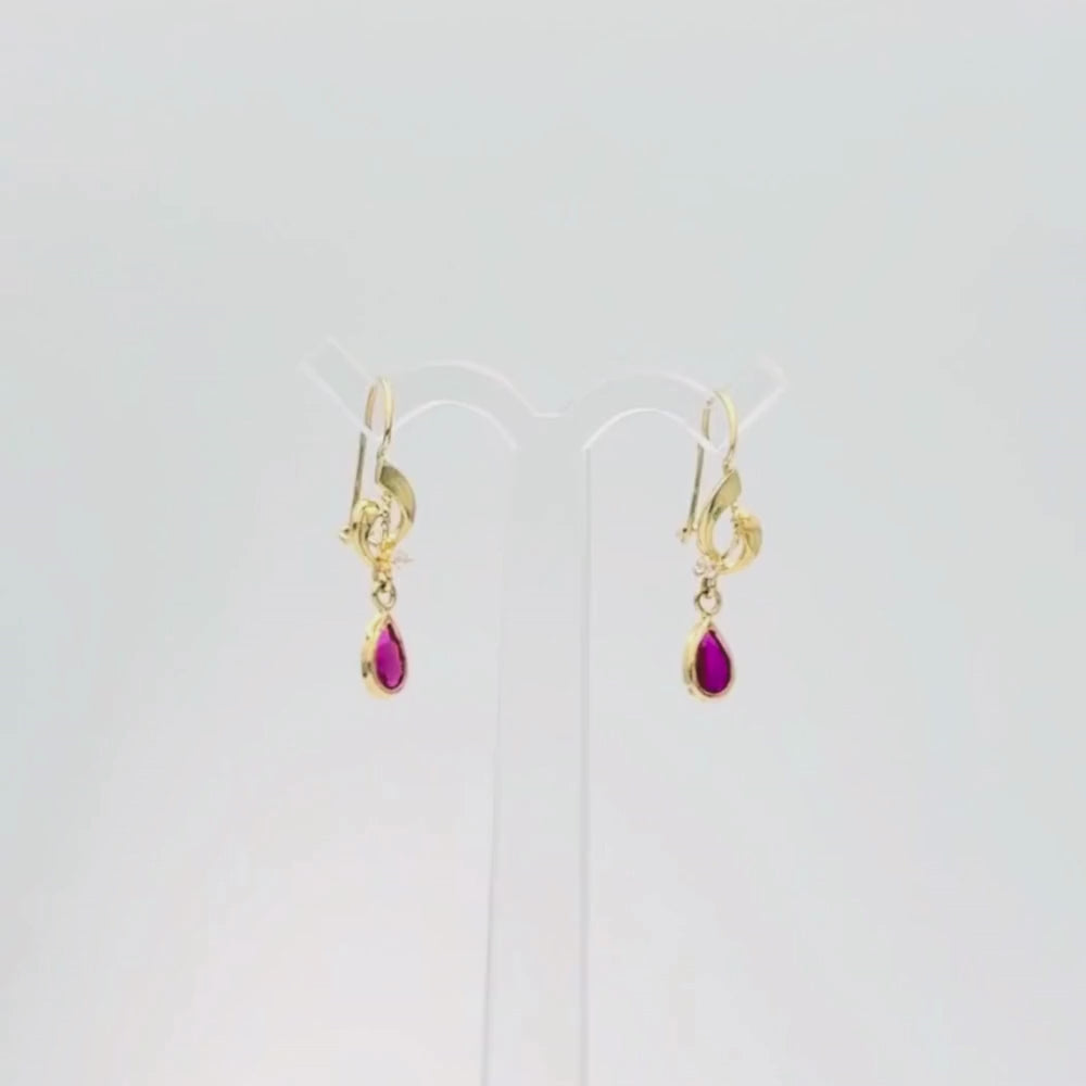 Arete con Broche Arillo de Oro 14k Estilo Largo Elegante con Zirconia Color Rojo Rubí mod. 9768