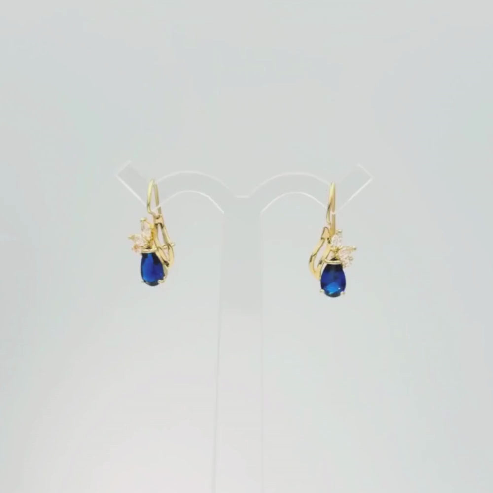 Arete con Broche Arillo de Oro 14k Diseño Elegante con Calado Especial y Zirconia Color Azul Marino mod. 9769