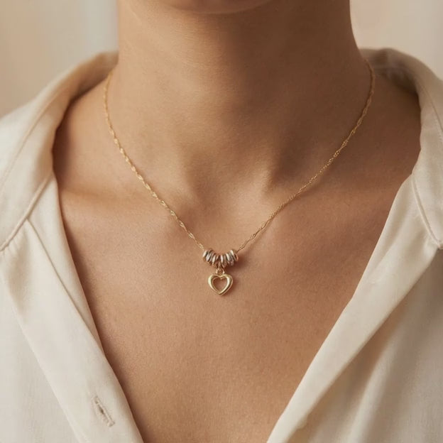 Gargantilla de Oro 14k con Aros Florentinos y Colgante de Corazón Hueco mod. 11022