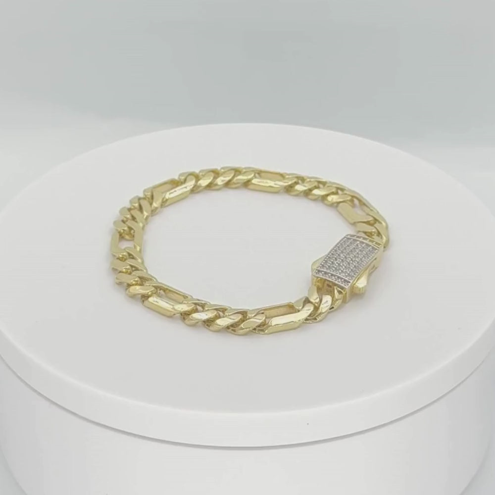 Pulsera de Oro 14k Tejido 3x1 Semi Hueco con Broche Incrustado de Zirconias mod. 9881
