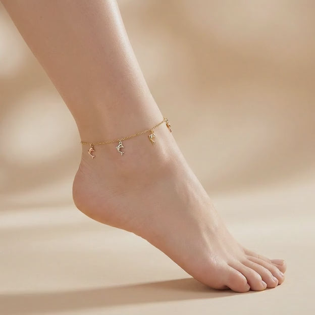 Tobillera de Oro 14k Diseño de Delfines Brillantes mod. 10544