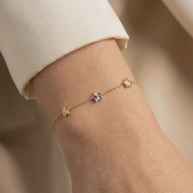 Pulsera de Oro 14k de 3 Estrellas Diamantadas Florentinas mod. 11038