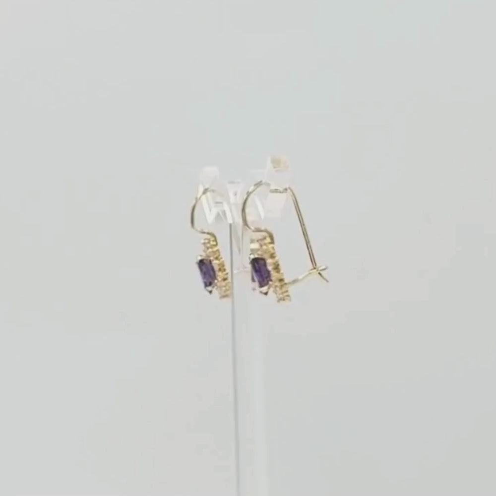 Arete con Broche Arillo de Oro 14k Flor de Zirconia Morada con Zirconias Brillantes mod. 9765