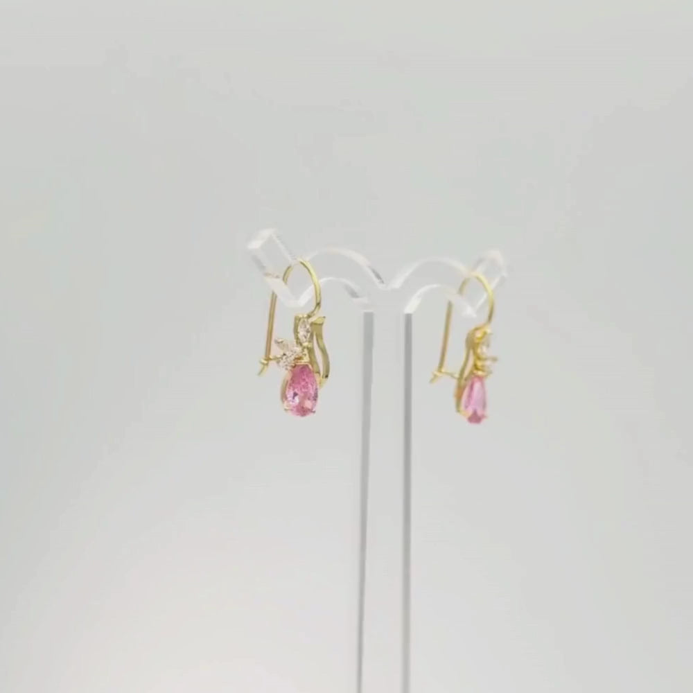 Arete con Broche Arillo de Oro 14k Diseño Elegante con Calado Especial y Zirconia Color Rosa mod. 9769