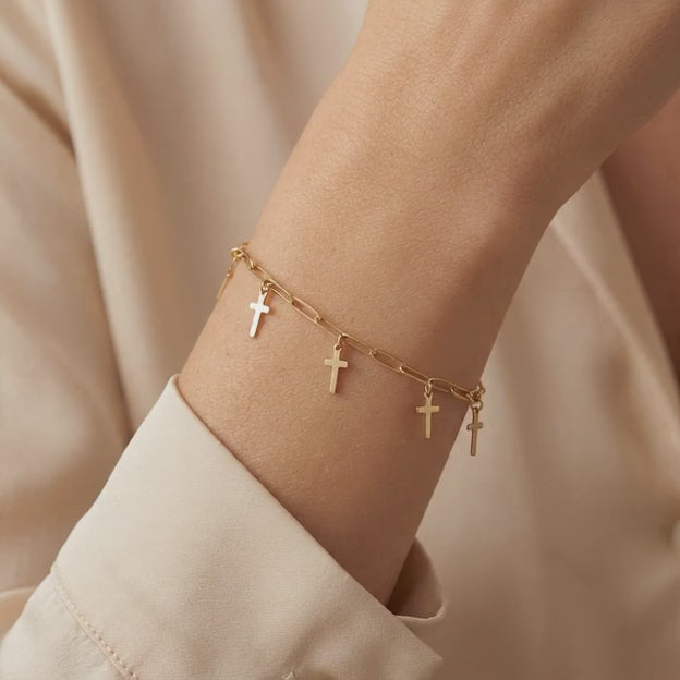 Pulsera de Oro 14k Tejido Paperclip con Cruces Colgantes mod. 10969