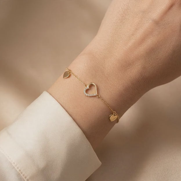 Pulsera de Oro 14k Colgantes de Corazones y Zirconias mod. 10946