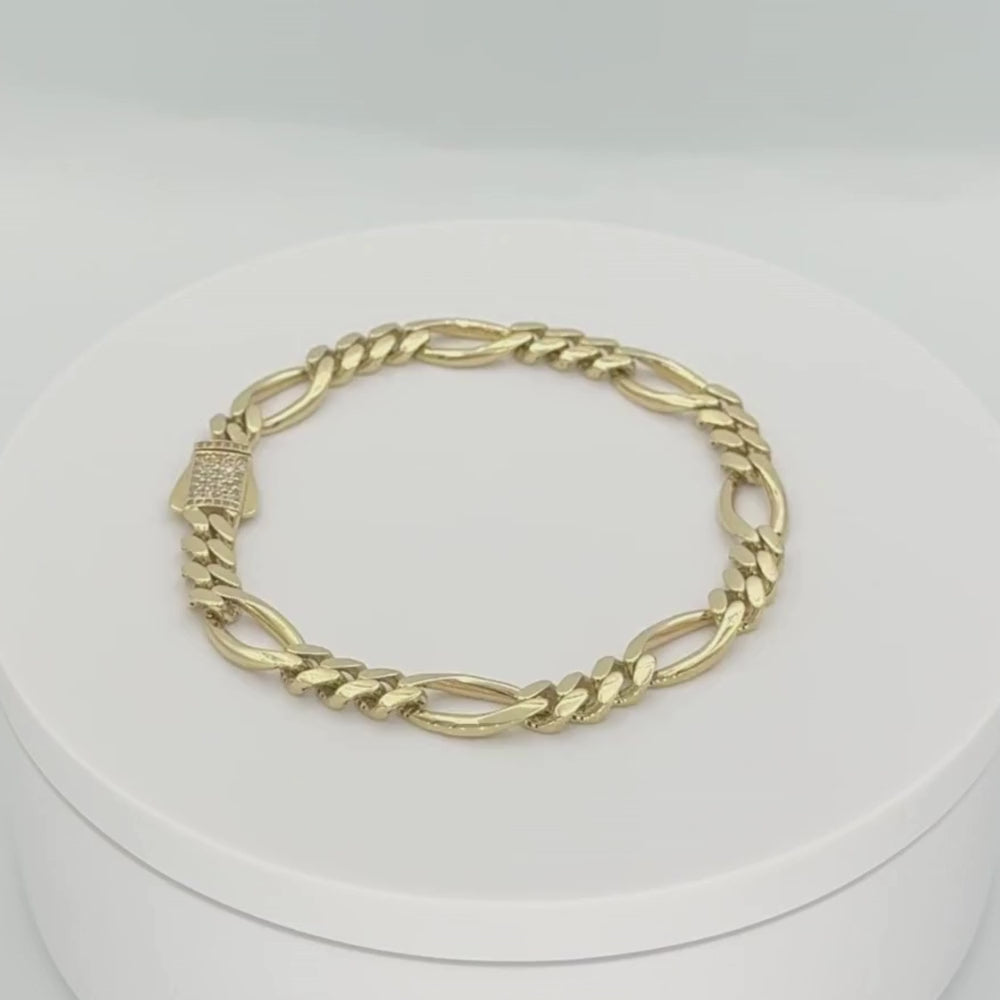 Pulsera de Oro 14k Tejido 3x1 Especial Semi Hueco con Broche Incrustado de Zirconias y Eslabón Amplio mod. 9884