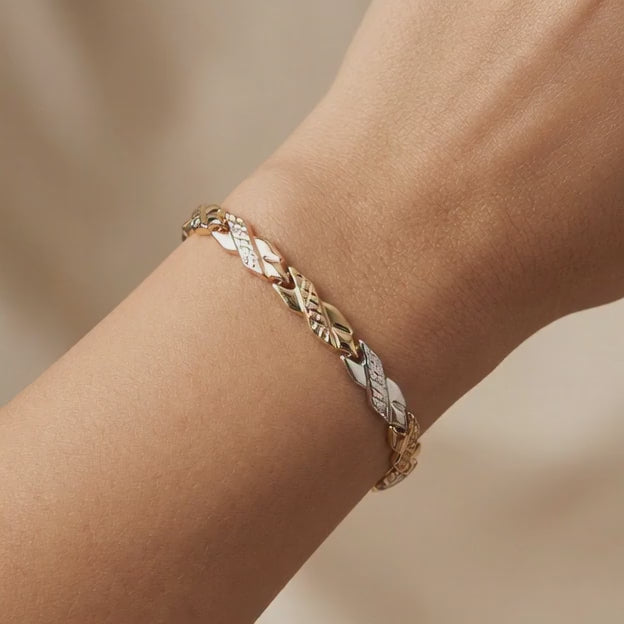 Pulsera de Oro 14k Tejido Hueco Diseño X con Diamantado Marcado mod. 10737