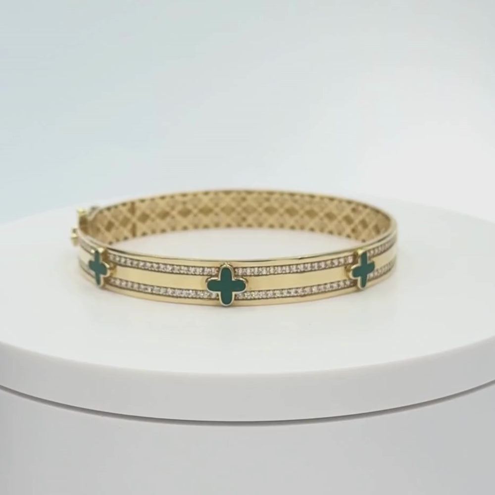 Aro de Oro 14k Diseño Especial Barra con Tréboles Verdes Detallado con Zirconias Finas mod. 9752
