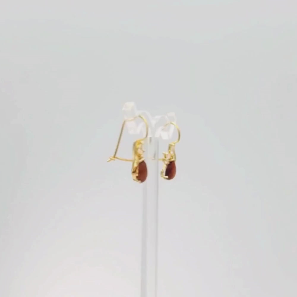 Arete con Broche Arillo de Oro 14k Diseño Elegante con Calado Especial y Aventurina Naranja mod. 9769