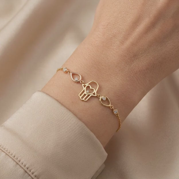 Pulsera de Oro 14k Mano de Fátima con Zirconias mod. 11024