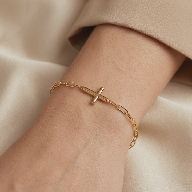 Pulsera de Oro 14k Tejido Paperclip con Cruz mod. 10974