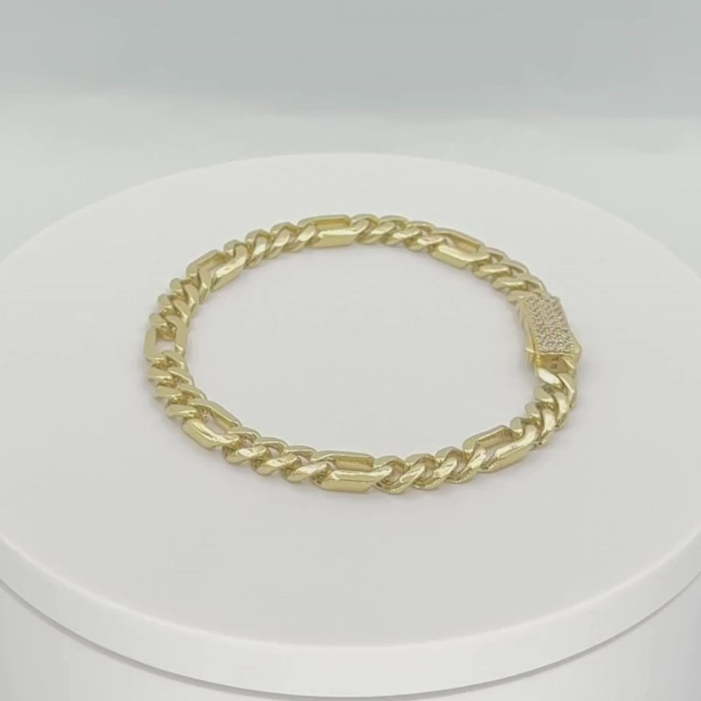 Pulsera de Oro 14k Tejido 3x1 Semi Hueco con Broche Incrustado de Zirconias Brillantes mod. 9883