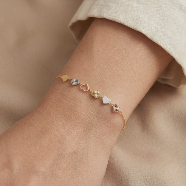 Pulsera de Oro 14k Corazones Inflados Lisos y Diamantados Florentinos mod. 11040