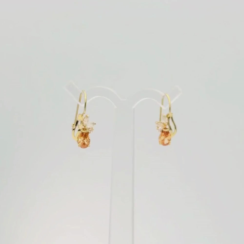 Arete con Broche Arillo de Oro 14k Diseño Elegante con Calado Especial y Zirconia Color Naranaja Tangerine mod. 9769