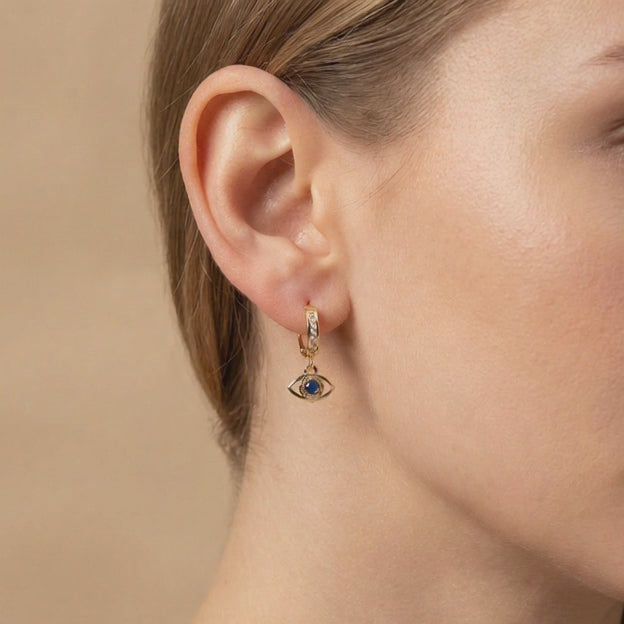 Grapa Larga de Oro 14k Diseño con Ojo Turco Especial Incrustado con Zirconia Azul mod. 10604