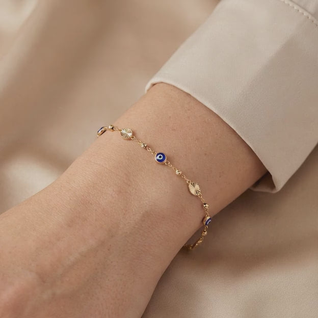 Pulsera de Oro 14k con Ojos Turcos y Bolitas Diamantadas mod. 10970