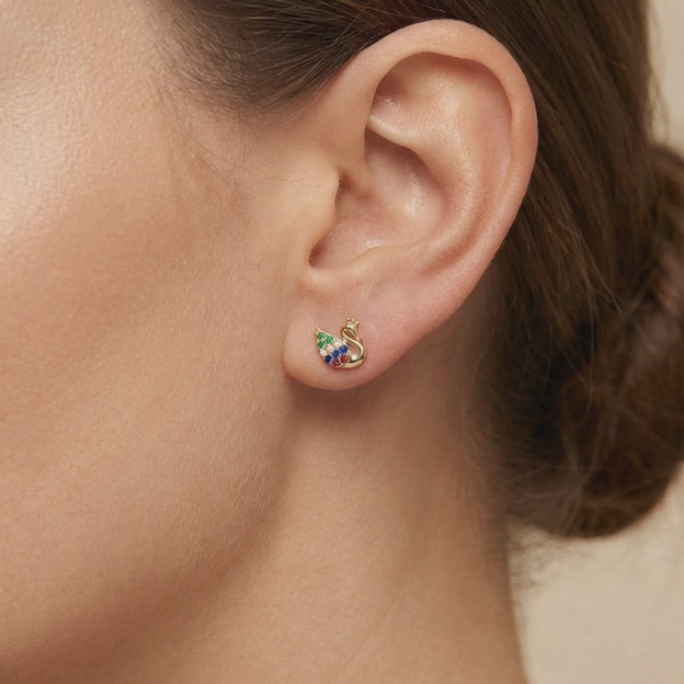 Arete de Oro 14k Cisne con Zirconias de Colores mod. 10625