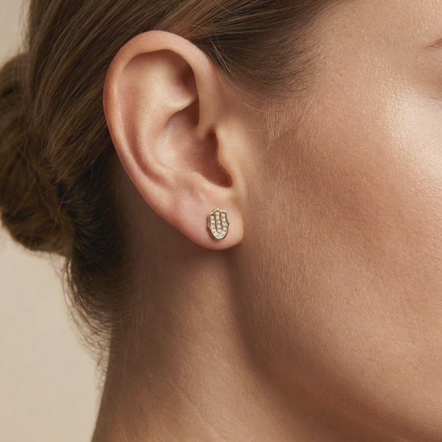 Arete de Oro 14k Mano de Fátima Rosa con Zirconias Finas mod. 10631