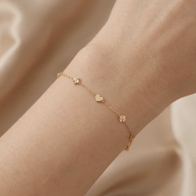 Pulsera de Oro 14k  Corazones y Flores Diamantadas mod. 11039