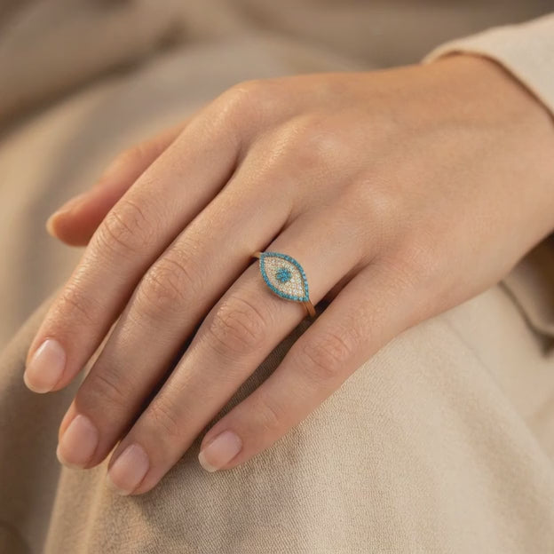 Anillo de Oro 14k Ojo Turco con Zirconias Azules mod. 10859