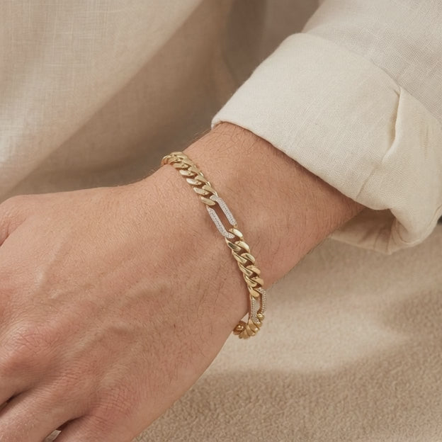 Pulsera de Oro 14k Monaco Modelo Figaro con Incrustación de Zirconias mod. 10996