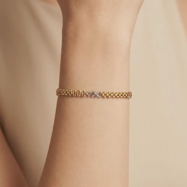 Pulsera de Oro 14k de Tejido Fino y Hueco con Eslabones de Laurel Brillante mod. 10738