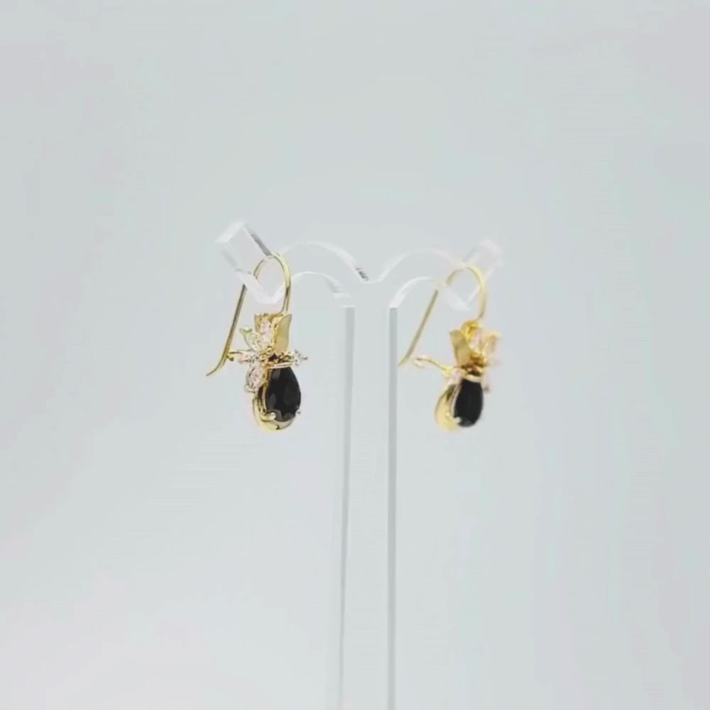 Arete con Broche Arillo de Oro 14k Flor Especial con Zirconias Principal Color Negro Profundo mod. 9768