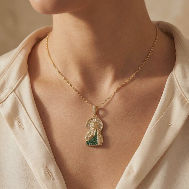 Dije de Oro 14k San Judas Tadeo con Zirconias Verdes mod. 11100