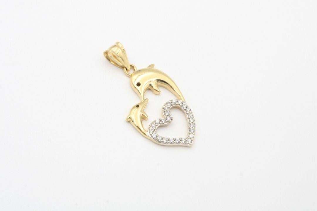 Dije de Oro 14k Delfines y Corazón de Zirconias mod. 0648